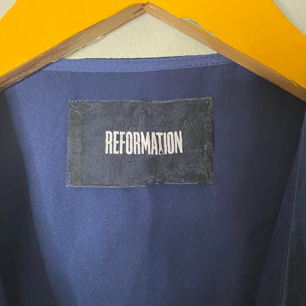 REFORMATION 100% Silk Navy Blue Satin Robe Wrap Mini Dress Kimono Size Small - Picture 6 of 8